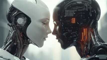 Poster - AI robots bridging human interaction and vast data networks through intelligent AI brain systems and transfer protocols. No logos or people.