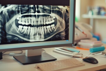 Dental X-ray on a computer screen in a clean, modern dental office, emphasizing precision and patient care.