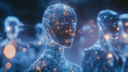 Poster - AI robots connecting vast data streams, software networks, and human interaction points, guided by intelligent brain systems. No logo, no people.