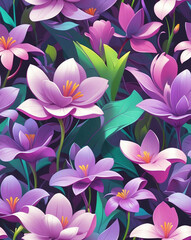 Wall Mural - Metallic purple accents on floral shapes seamless wallpaper pattern design