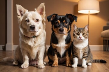 Poster - Friendly dog and cat trio sitting on wood floor