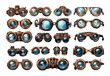 © ONYXprj - Steampunk glasses cartoon vector set. Mechanical geared colored lenses copper metal steel decorative magnifying eye goggles augmented vintage oculars isolated illustrations on white background