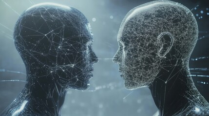Poster - AI robots visualizing data transfer and human interaction, with connections to AI-powered brain and data processing networks. No people, no logos.