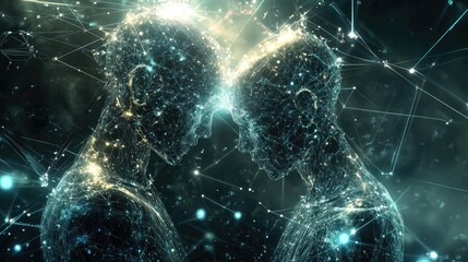 Poster - AI robots visualizing data transfer and human interaction, with connections to AI-powered brain and data processing networks. No people, no logos.