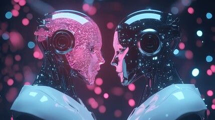 Poster - AI robots visualizing data transfer and human interaction, with connections to AI-powered brain and data processing networks. No people, no logos.