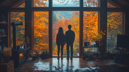 Wall Mural - Cozy Cabin Retreat Amidst Fall Foliage for Couples