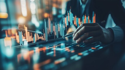 Poster - Business professional analyzing stock market data with financial charts on a digital screen during the day in a modern office environment
