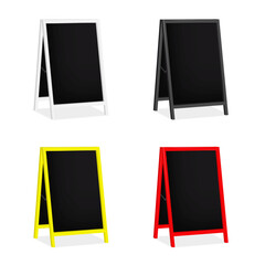Wall Mural - Sandwich black board, folding floor chalkboard easel banner. 3d vector mock-up. Wooden A-frame blank advertising display. Realistic mockup. Double sided outdoor sidewalk sign. Easy editable template