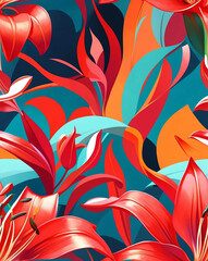 Poster - Red lilies with sharp geometric shapes seamless design wallpaper pattern