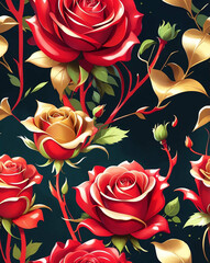 Poster - Red roses with subtle gold accents seamless pattern wallpaper design