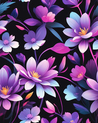 Sticker - Stylish purple blooms on black seamless pattern wallpaper design