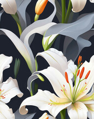 Poster - White lilies on muted gray seamless pattern design wallpaper