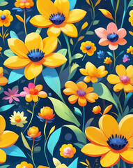 Sticker - Yellow floral shapes with bold outlines seamless design wallpaper pattern