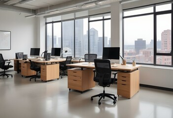 An office workspace with wooden desks, black office chairs, and a large window in the background