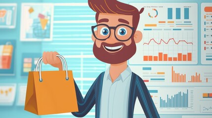 Wall Mural - A man is holding a shopping bag and smiling