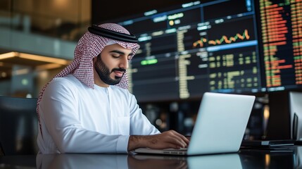 Poster - A professional man in traditional attire working on a laptop in a modern office with financial data displayed on large screens