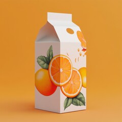 A vibrant orange juice carton with a unique design, featuring fresh oranges and leaves, perfect for beverage-related visuals.