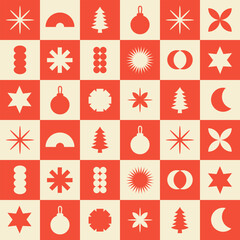 Poster - Geometric christmas seamless pattern. Trendy abstract swiss background. Red and beige colors. Vector illustration	
