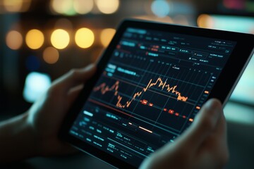 Poster - a person analyzing stock market trends on a tablet in a dimly lit environment during evening hours