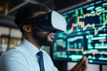 Poster - business professional engaging with virtual reality technology while analyzing stock market data dur
