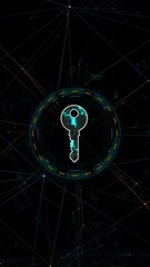 Poster - Motion graphic of Blue digital security key logo with circle futuristic HUD elements and orange line connection with network firewall technology and data secure concepts vertical abstract background