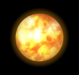 Poster - Sun planet, burning realistic 3D sphere in realistic design. Vector yellow sun flashes, glare and flare, sparks flames. Illustration of orange hot cosmic red planet on a black background