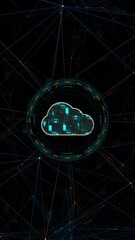 Poster - Motion graphic of Blue digital cloud computing logo with circle futuristic HUD elements and orange line connection with storage big data backup technology concepts vertical abstract background