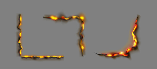 Aufkleber - Burning paper borders, pieces of cellulose flaming. Vector documents or burnt page with smoldering fire on charred uneven edges, parchment sheets in flame. Charred, torn or ripped frame