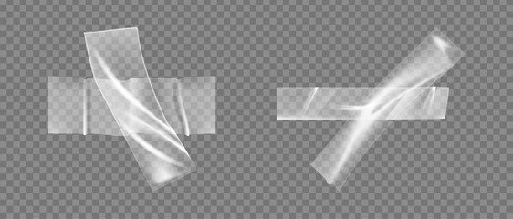 Aufkleber - Plastic transparent stripes, isolated set of crossed duct tape. Vector adhesive pieces for boxes and packaging. Badly glued and wrinkled surface, crumpled polyethylene texture decoration