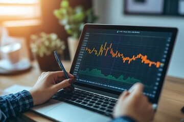 Poster - analyzing stock market trends on a laptop during a bright afternoon with plants in the background