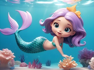 Illustration 3d cute mermaid swimming on white scene