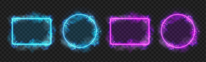 Poster - Circle and rectangle neon smoke frames with empty space inside. Vector borders with glowing lines, highlighting and catching attention. Isolated blank banners or signboards for advertisement