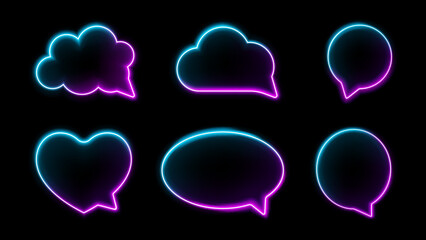 Aufkleber - Thought bubbles, speech box container with neon effect. Isolated fluorescent sparkling and glowing chat banners, comments and message balloons in form of clouds and heart, circle and oval