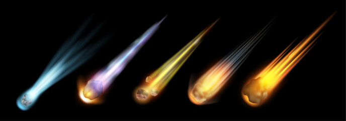 Poster - Asteroid with fire trail, realistic space meteor on black. Vector comet with tail of flame, burning rock. 3d meteorite space object falling down, lying fireball or meteor with fire neon light trail