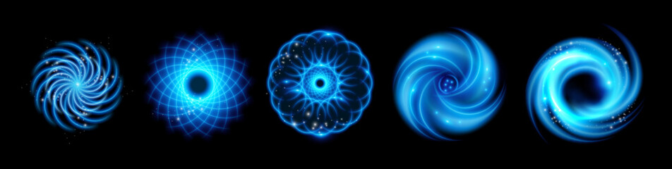 Aufkleber - Light speed motion, isolated set of magic swirl. Vector glow trail neon effect for spells in fantasy games. Spiral circular swoosh blur element. Abstract energy trace asset, curves and shiny forms