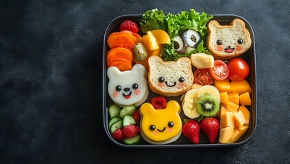 A bento box with cute animal faces made of food for kids.