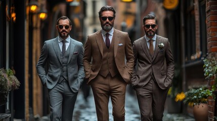 Wall Mural - fashion forward businessmen in tailored suits striding confidently through a modern urban setting exuding style and professionalism