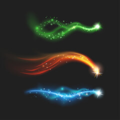 Poster - Luminous neon bright shining with trail, isolated realistic set. Vector magic streams and lights. Bright rays of glowing energy, sparkles and twinkle. Tail of comet or shooting star spark