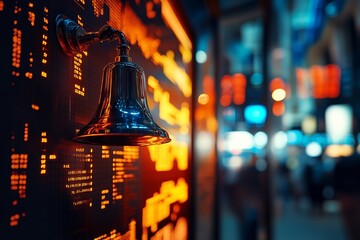 Poster - A metallic bell rings as stock prices fluctuate on digital screens in a bustling financial district at night