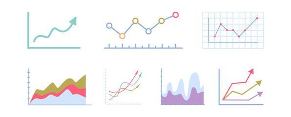 Aufkleber - Raising graphs, isolated set of modern charts with data visualization. Vector collected information for business project, analytics and presentation, user interface dashboards for company