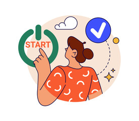 Aufkleber - Business startup or company opening. Vector flat cartoon character pressing start button initiating new project deployment. Approval sign and professional attitude towards work