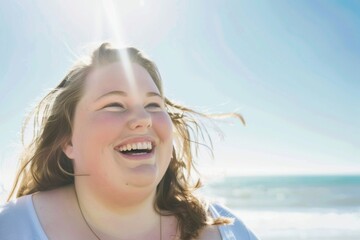 A young plus size woman beams with joy under the sun, her laughter carried by the ocean breeze as she enjoys a beautiful day at the beach, surrounded by shimmering waves.