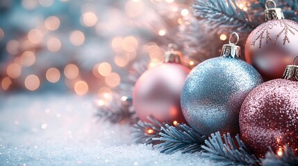 Aufkleber - Contemporary christmas background featuring elegant metallic ornaments over soft pastel gradient backdrop with minimalist snowflakes and glowing holiday lights