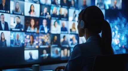 Poster - Woman Listening to Online Conference on Laptop Screen