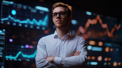 Poster - Confident Businessman Looking at Financial Charts