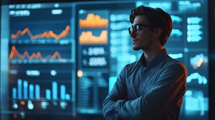 Poster - Businessman Analyzing Data Graphs on a Computer Screen