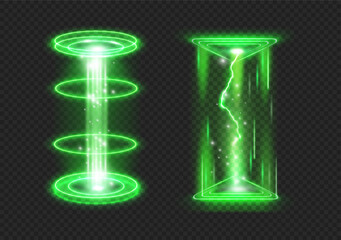 Poster - Portal for game, isolated futuristic teleportation effect with lightning and glowing light. Vector set of neon energy discharge and podiums for teleport, luminous beams and sparkles, spirals