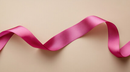 A pink ribbon is shown in a curved line on a tan background. The ribbon is long and has a shiny appearance. The ribbon is likely to be used for a special occasion or event