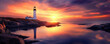 © thien - A lighthouse at sunset casting golden rays across calm sea creates serene and picturesque scene. vibrant colors reflect beautifully on water, enhancing tranquil atmosphere