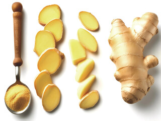 Wall Mural - Whole ginger root, sliced ginger pieces, and a wooden spoon with ginger powder against a white background. Fresh and ground ginger ingredients for cooking and health benefits.